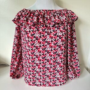 Michael Kors Womens Red White Blue Floral Off Shoulder Ruffled Top Size Large